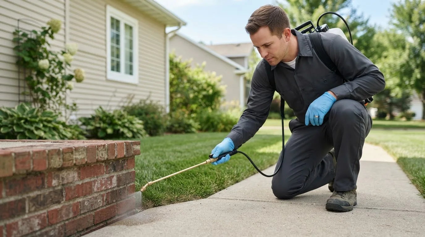 Pest control technician treating a home near Mooresville, NC